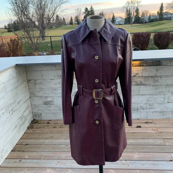 Vintage Di Costa Leather Overcoat Trench Coat Small Burgundy Belted 60s - Picture 5 of 16